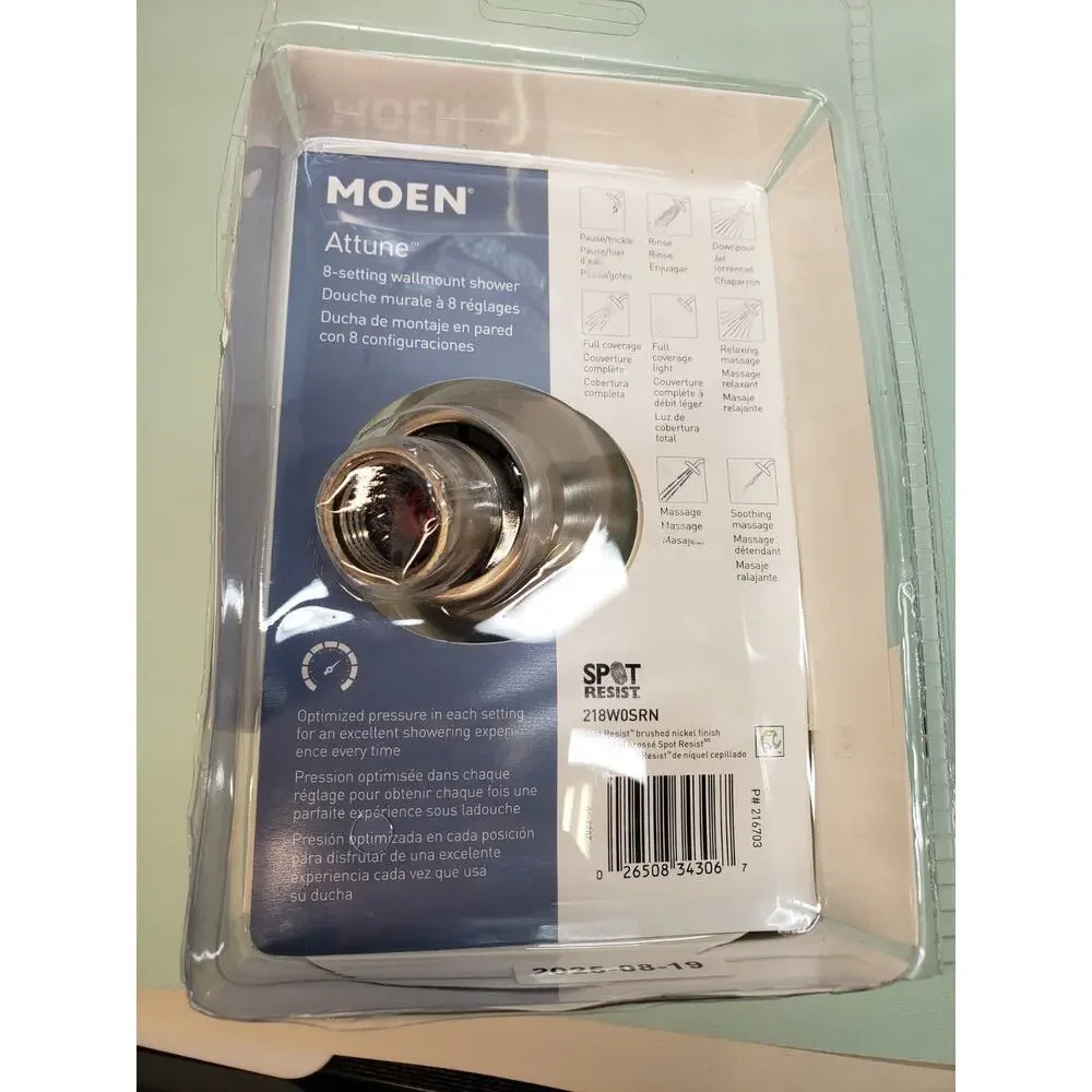 Moen 218W0SRN Attune 8-Function Wall Mount Fixed Showerhead, Spot Resist Nickel